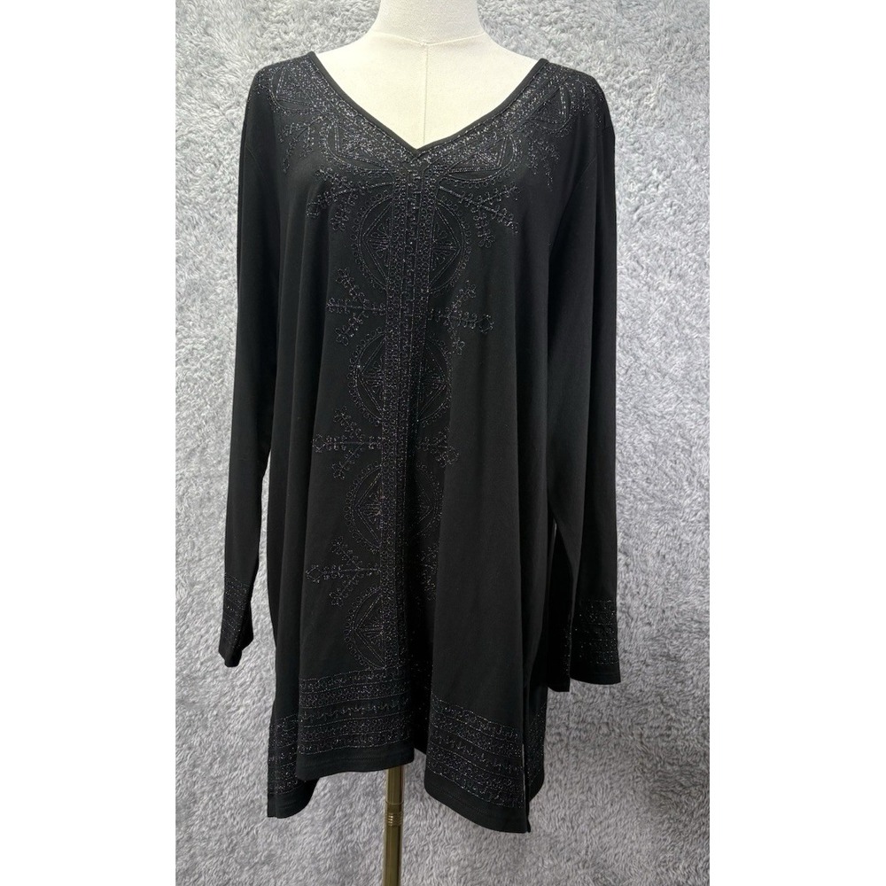 J Jill Womens 2X Black Embellished Tunic Top Beaded V Neck Boho Long Sleeve NEW